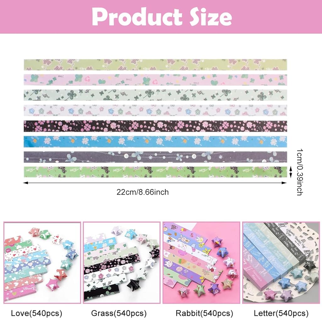 HASTHIP 2160Pcs Origami Art Papers for Making Origami Lucky Star Cute Kawaii Printed Origami Art Lucky Star Papers with 4 Designs, Origami Art Paper Star Making Kit, 8.66''/22cm Per One HASTHIP 2160Pcs Origami Art Papers for Making Origami Lucky Star Cute Kawaii Printed Origami Art Lucky Star Papers with 4 Designs, Origami Art Paper Star Making Kit, 8.66''/22cm Per One